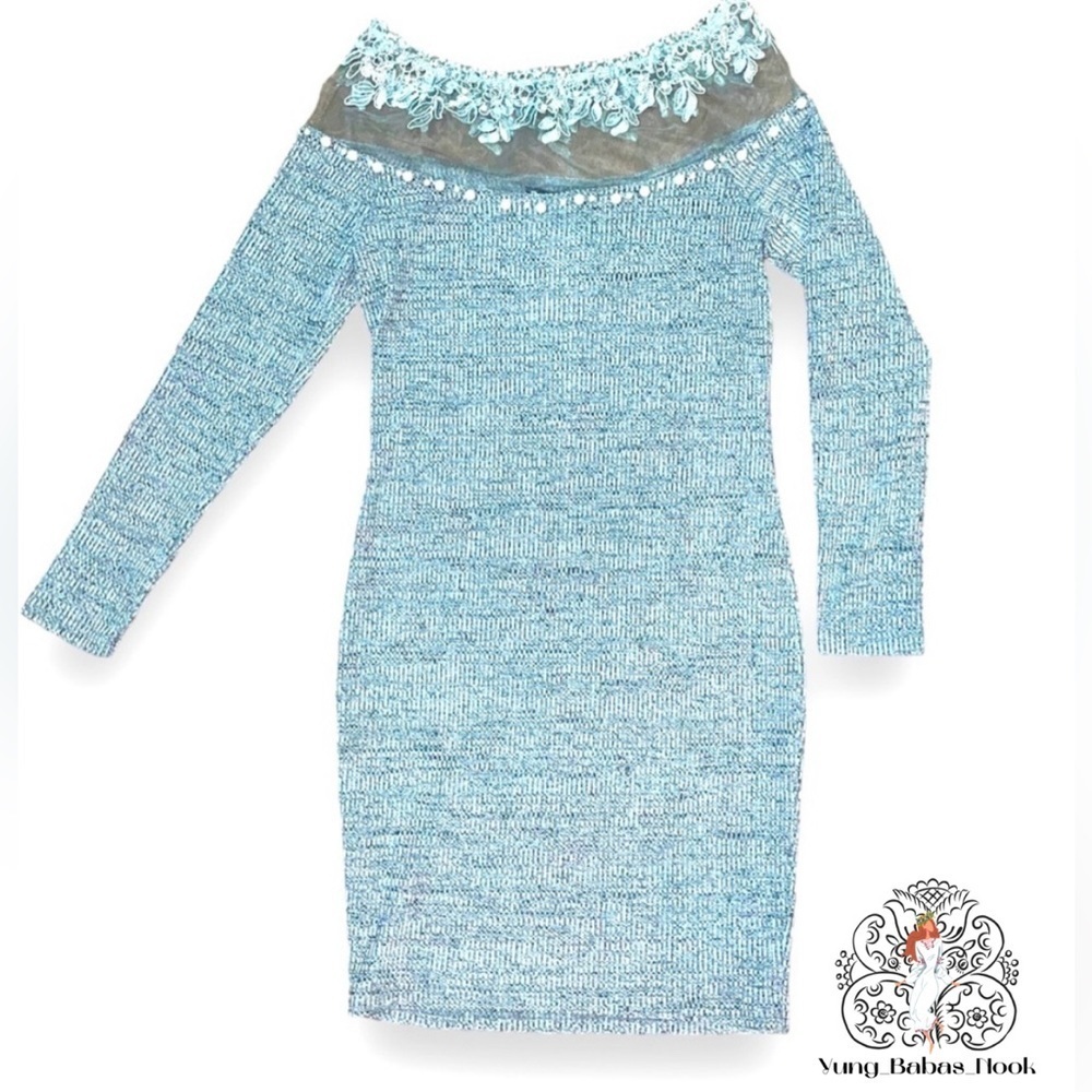 Sheilay Large Knit Long Sleeve Gray Dress with White Pearls a round neck NWT